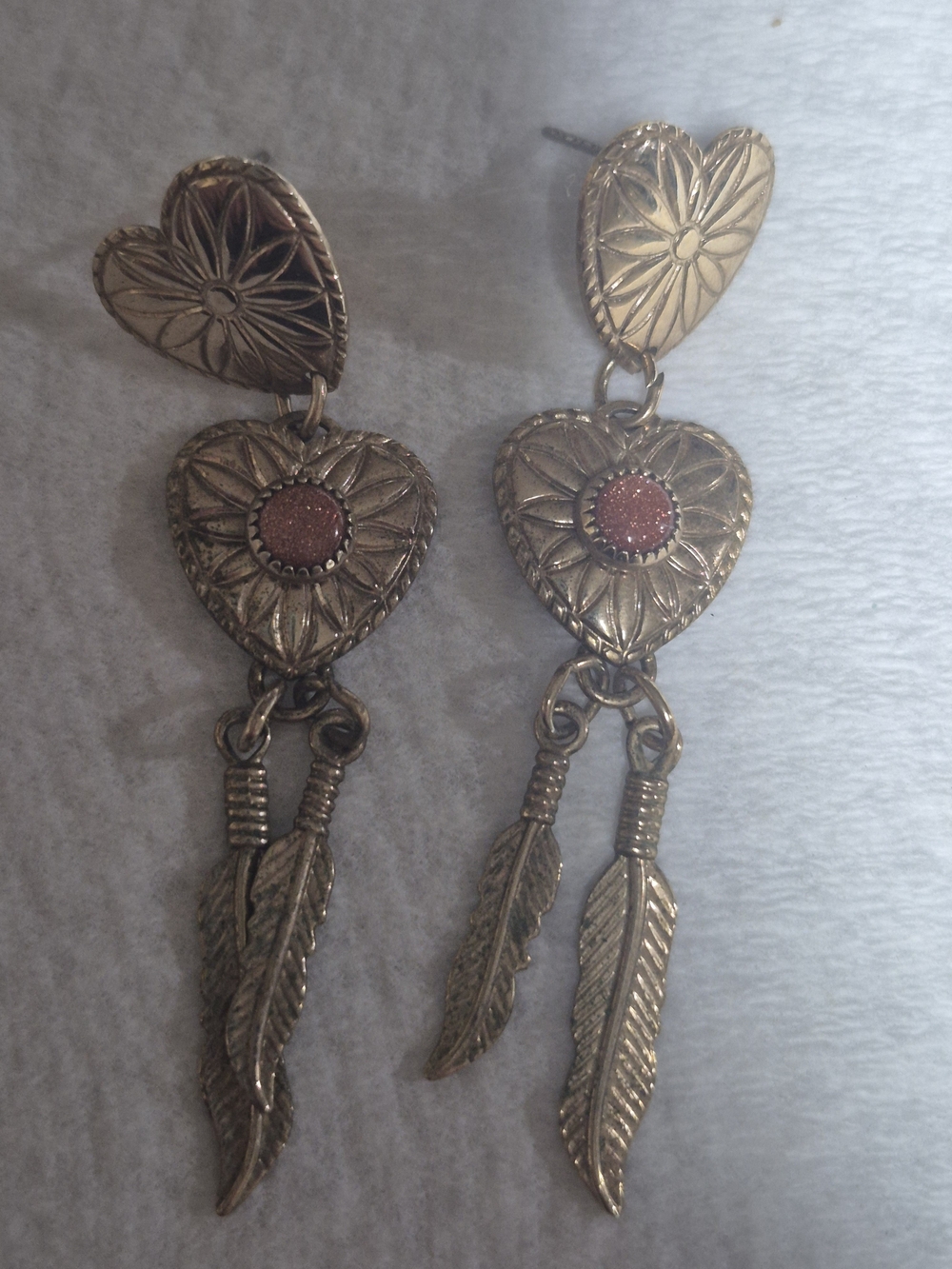 Vintage Southwestern Double Heart Dangle Earrings Goldstone Feather Boho